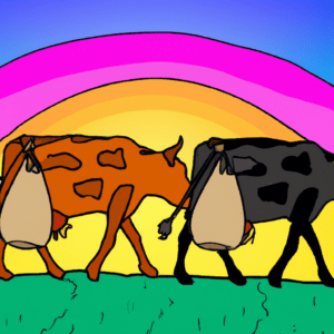 A color illustration of two different colored cows trying to push a bag of cow manure over a giant wall