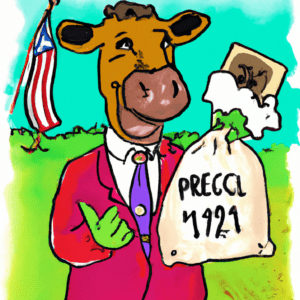 Colorful drawing of a cow being sworn in as President while hold a bag of cow manure.
