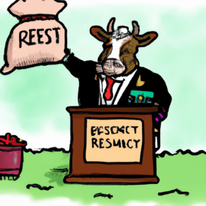 Colorful drawing of a cow being sworn in as President while hold a bag of cow manure.