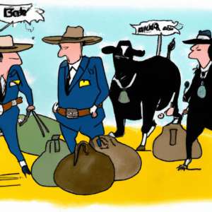 Colorful drawing of a team of cows dressed as FBI Agents, busting a man who was stealing a bag of cow manure.