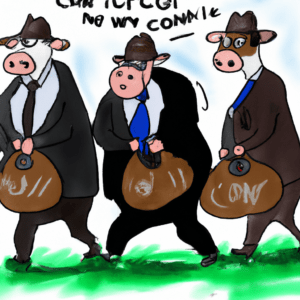 Colorful drawing of a team of cows dressed as FBI Agents, busting a man who was stealing a bag of cow manure.